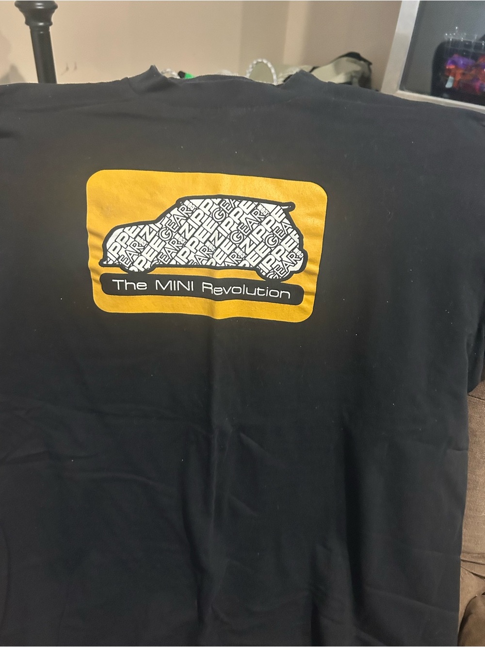 Women's Black Short Sleeve Tee with Yellow Graphic. Mini cooper